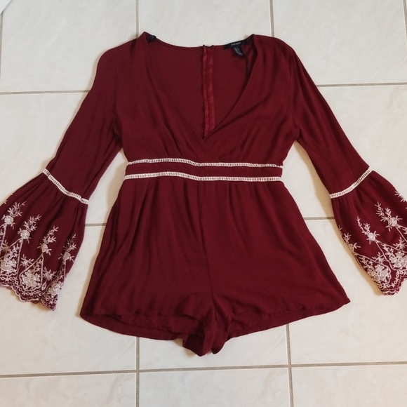 Forever 21 Pants - ☆Forever 21☆ Maroon Romper w/ Bell Sleeves